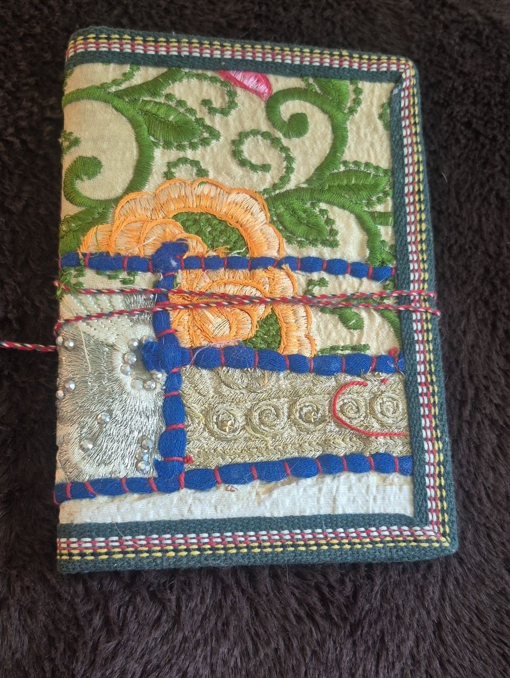 Indian Handmade Sari Fabric Journal, Colorful Embroidery Diary